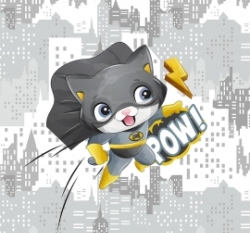 Panel létající černý kocour v šedivém městě