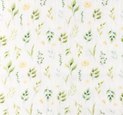 Dvojitá gázovina / mušelín listy a květy na bílé 