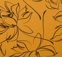 Teplákovina potisk černé květy na hořčicové