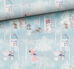 Teplákovina potisk zimní radovánky na pastelově modré