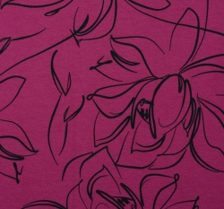 Teplákovina potisk černé květy na vínové