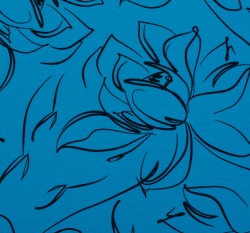 Teplákovina potisk černé květy na tyrkysové