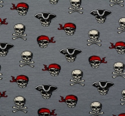 Teplákovina počesaná potisk pirátské lebky  na šedé 