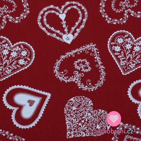 Bavlněné plátno velká bílá srdíčka na červené 
