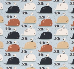 Úplet potisk velryby a racci na nebesky modré