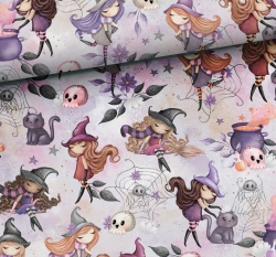 Teplákovina potisk halloweenské čarodějnice na světle šedé 