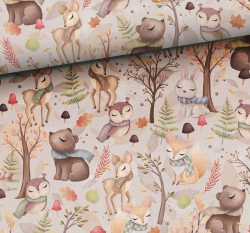 Teplákovina potisk zvířátka v lese na béžové 