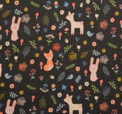 Úplet potisk koloušek, lištička a zajíček v lese na indigově modrém melé