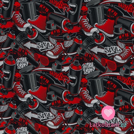 Teplákovina potisk červené tenisky na černé 