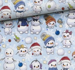 Teplákovina potisk rodinka sněhuláků na světle modré 