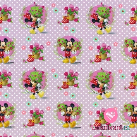 Úplet potisk Mickey a Minnie zahradníci mezi puntíky na růžové