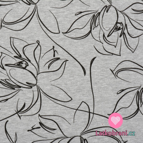 Úplet potisk černé květy na šedém melé