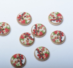 Knoflík imitace dřeva potisk květy a třešně s krajkou - malý