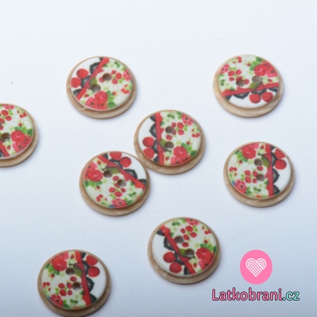 Knoflík imitace dřeva potisk květy a třešně s krajkou - malý