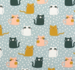 Teplákovina počesaná potisk kočičky na šedomodré, BIO