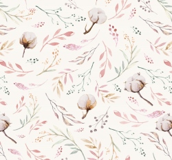 Vaflový úplet potisk květy bavlníku na ecru 