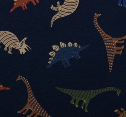 Teplákovina počesaná potisk barevní dinosauři na tmavě modré
