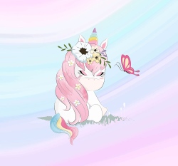 Panel něžný jednorožec s květinovou čelenkou na duhovém podkladu