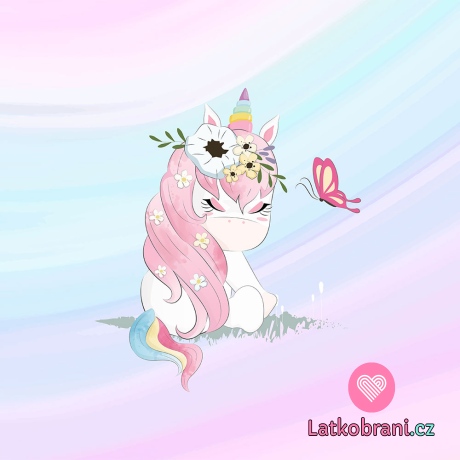 Panel něžný jednorožec s květinovou čelenkou na duhovém podkladu