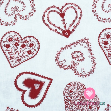 Bavlněné plátno velká červená srdíčka na bílé