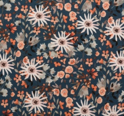 Teplákovina počesaná potisk retro kytičky na modré