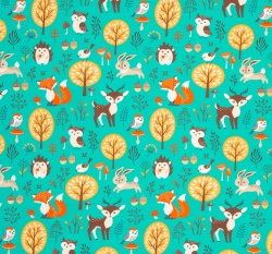 Úplet potisk lesní zvířátka na tyrkysově modré
