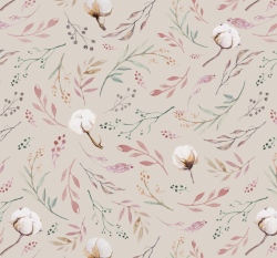 Úplet potisk květy bavlníku na taupové 