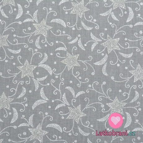 Bavlněné plátno potisk stříbrné hvězdy s ornamenty na šedé