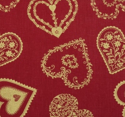 Bavlněné plátno potisk velká zlatá srdíčka na červené