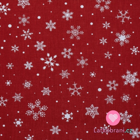 Bavlněné plátno potisk bílé vločky na červené