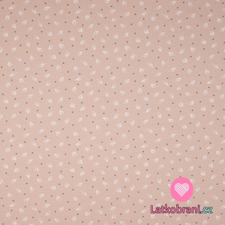 Úplet z organické bavlny potisk droboučká peříčka na zaprášené růžové