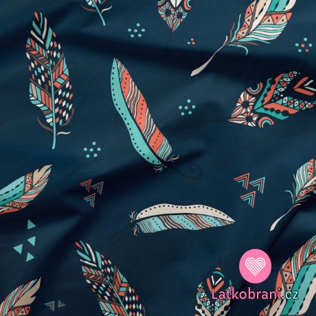 Softshell potisk oranžovo - tyrkysová peříčka na tmavě modré