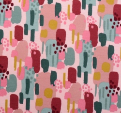 Teplákovina počesaná potisk abstraktní tahy štětcem na růžové, BIO