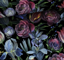 Teplákovina potisk barokní květy na černé