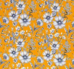 Viskózový úplet potisk jarní květiny na žluté