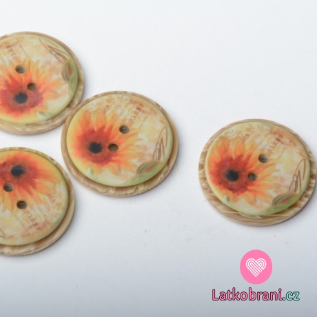 Knoflík imitace dřeva potisk slunečnice na žluté