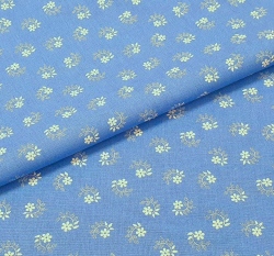 Bavlněné plátno bílé kytičky s lístečky z puntíků na modré 