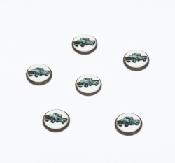 Knoflík šedý kulatý, dětský modré auto na bílé