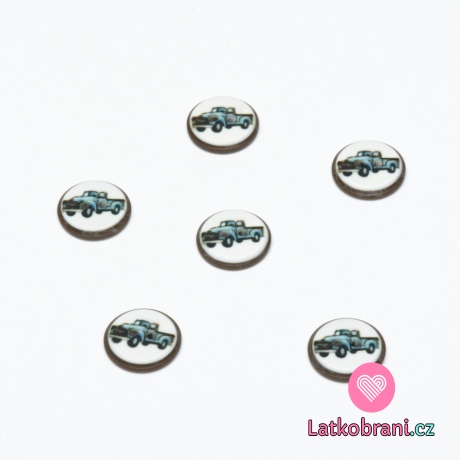 Knoflík šedý kulatý, dětský modré auto na bílé