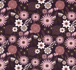 Modálová teplákovina růžové a bílé květiny na vínovo - fialové 