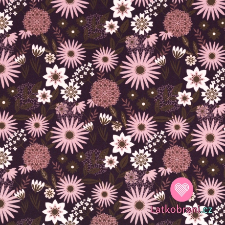 Modálová teplákovina růžové a bílé květiny na vínovo - fialové 