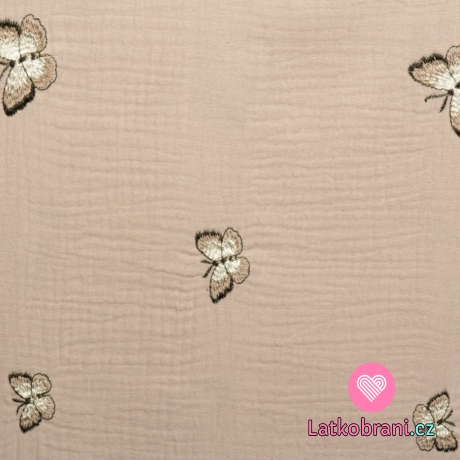 Dvojitá gázovina / mušelín starorůžový s výšivkou motýla