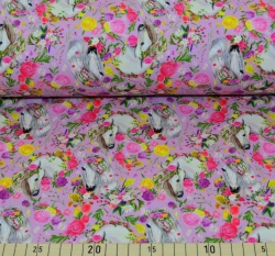 Teplákovina potisk koně s kvítky na růžové