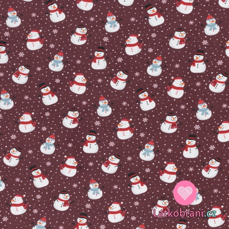 Teplákovina potisk sněhuláci mezi vločkami na bordó, lehce počesaná