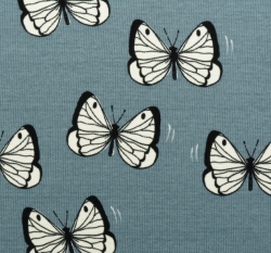 Žebrovaný úplet potisk motýlci na modré, BIO