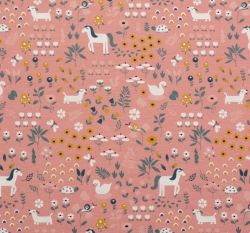 Úplet potisk zvířátka na rozkvetlé louce na růžové