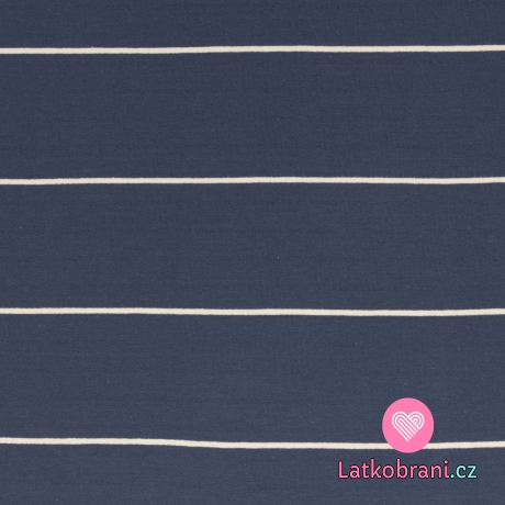Teplákovina úzké bílé proužky na modré