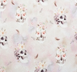 Teplákovina potisk květinové lebky na světle šedé, BIO