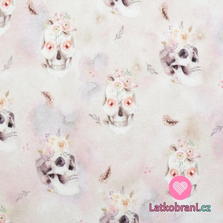 Teplákovina potisk květinové lebky na světle šedé, BIO