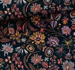 Teplákovina potisk malovaná kvítka na černé